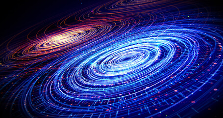 Abstract Circle Shapes Digital Lines Flowing. Creative Background 3D Illustration Render. Shiny Glowing Shapes With Particle Effects. 3D Illustration Render