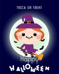 Halloween cartoon Witch on broomstick character. Vector illustration