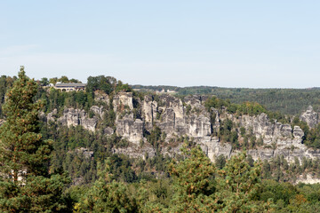 Fototapeta na wymiar Rocks landscape of the Bastei rocks in Rathen. Saxon Switzerland. Saxony. Germany