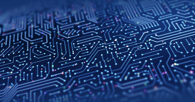 High Tech Electronic Circuit Board. Electrical Signals Flowing. Computer And Technology Related 3D Illustration Render
