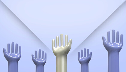 Business Raised Hands and Equality Concept on blue Background. paper art - 3d rendering