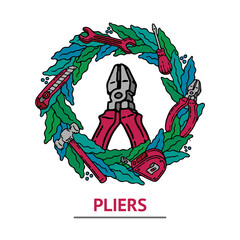 Fototapeta premium Hand drawn blue and green wreath with the set of construction tools with screwdriver, office knife, spanner, hammer, tape measure and pliers. Builder and worker day set. Work Day.
