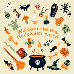 Halloween party set of magic elements. Magic hat, bat, skull, candle, pumpkin, magic ball, playing cards, ghost, snake, mushroom, poison,, knife, web, spider, eye, bone, magic book,, candle