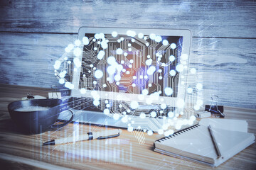 Double exposure of desktop computer and human brain drawing hologram. Ai concept.