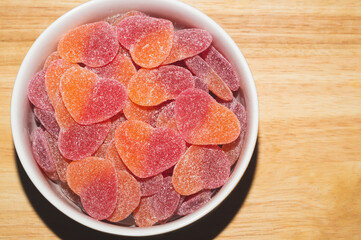 Marmalade in heart shape close up. candies with jelly and sugar