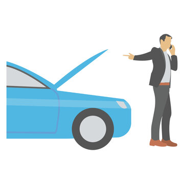 
Man Standing With The Heated Car Showing The Icon Of Out Of Order Car 
