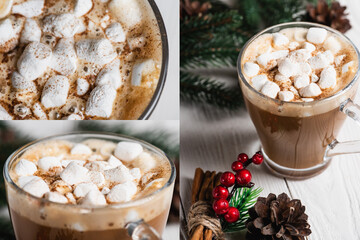 Collage of cup of cocoa with marshmallows near pine cone and cinnamon sticks