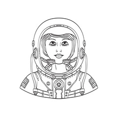 Female Astronaut Wearing a Space Helmet and Spacesuit Front Tattoo Style Black and White