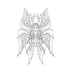 Seraph or Seraphim a Six-Winged Fiery Angel with Six Wings and Deer Antlers Tattoo Style Black and White