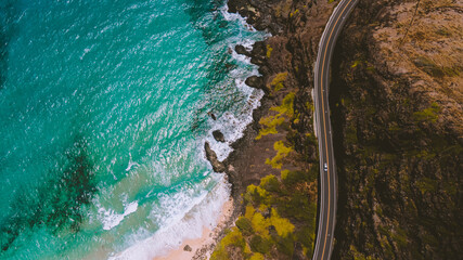 Aerial Road by the sea, Oahu, Hawaii