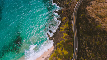 Aerial Road by the sea, Oahu, Hawaii