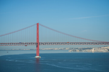 Lisbon - Portugal - 29 September 2020 - panorama of the famous 25th April suspension bridge on the tage river
