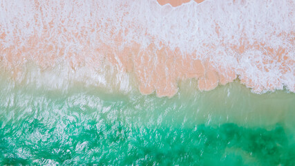 Aerial of waves on the Waimanalo beach, Oahu, Hawaii.  the longest stretch of sandy shoreline on...