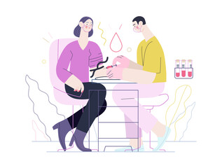 Medical tests illustration - blood test - modern flat vector concept digital illustration of blood test procedure - a patient and doctor with a syringe and test tubes, the medical office or laboratory