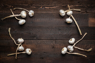 Knoblauchzehen als Rahmen auf Holzuntergrund