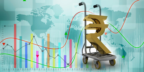 Rupee currency on cart. 3D rendering illustration
