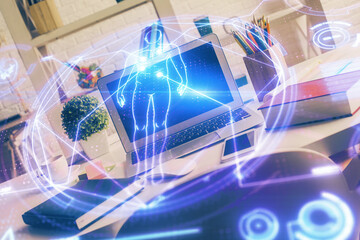 Desktop computer background and education theme drawing. Double exposure. Study concept.