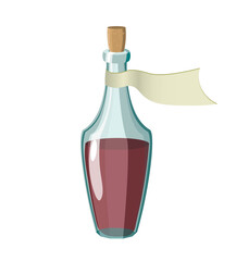 faceted bottle with label, stopper and red liquid