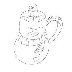 Linear cup in the shape of a snowman with a striped scarf, a small snowman sits inside the cup.