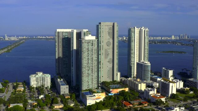 Paraiso District Miami modern highrise towers on Biscayne Bay aerial drone video