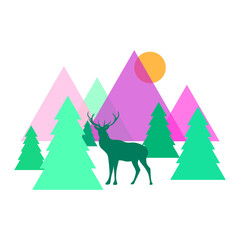 Abstract Forest Mountains Deer Isolated Illustration