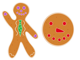 Christmas gingerbread cookies in the shape of a man and circle decorated colored icing.