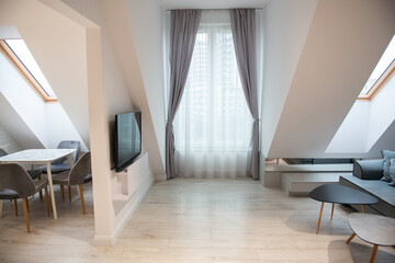 Modern design home interior of studio living room and kitchen in mansard with sofa and elegant...
