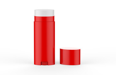 Red glossy deodorant stick mockup template on isolated white background, blank roll for deodorant and lip balm tube, 3d illustration