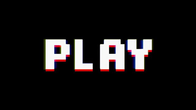 Play sign. Glitch and noise dynamic motion effect. Retro vintage pixel art. Unique graphic design. 80s 90s style. Brocken signal animation. Colorful footage isolated on black for overlay usage 4K clip