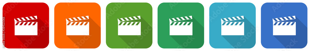 Fototapete video icon set, flat design vector illustration in 6 colors options for webdesign and mobile applica