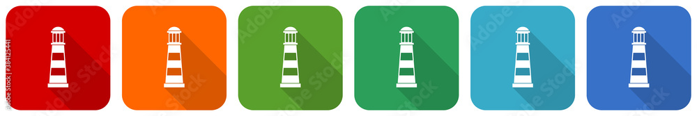 Poster lighthouse, navigation, sea icon set, flat design vector illustration in 6 colors options for webdes
