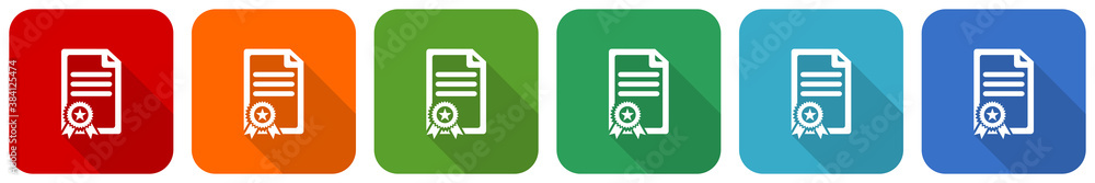 Poster certificate, diploma, achievement icon set, flat design vector illustration in 6 colors options for 