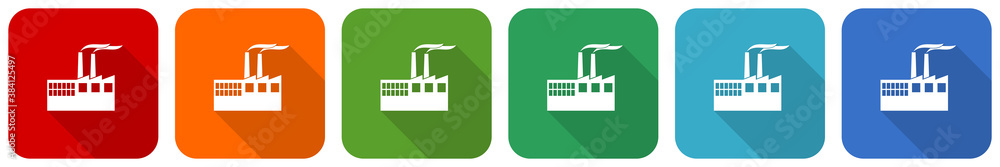 Poster factory, industrial building, plant, pollution icon set, flat design vector illustration in 6 colors