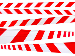 Red and white warning lines of barrier tape prohibit passage. Barrier tape on white isolate. Barrier that prohibits traffic. Danger unsafe area warning do not enter. Concept of no entry. Copy space
