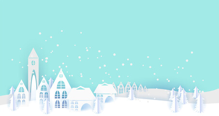 Fototapeta premium Merry Christmas and Happy New Year paper greeting card with winter houses. Winter paper landscape. vector illustration paper cut art and craft style.