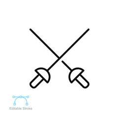 Fencing sword, sport icon. Cross rapiers, swords or fencing duel. athletes fight, action tournament. Sports Equipment. Editable stroke. Vector illustration. Design on white background. EPS 10