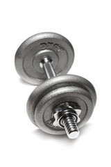 Naklejka premium Metal dumbbell for fitness with chrome silver handle isolated on white