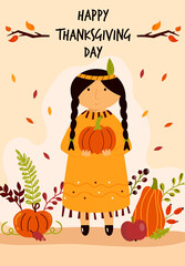 Thanksgiving Day greeting card with cute Indian girl holding pumpkin. Colorful vector illustration