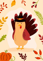 Thanksgiving Day greeting card with funny turkey in a pilgrim hat. Colorful vector illustration