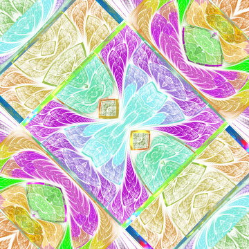 Multicolored symmetrical geometric pattern in stained glass style. You can use it for invitations, notebook covers, phone cases, postcards, cards, wallpapers and so on. Artwork for creative design.
