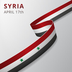Flag of Syria. 17th of April. Vector illustration. Wavy ribbon on gray background. Independence day. National symbol. Graphic design template.