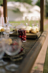 Wedding buffet and decorations. Sweets, cookies, berries and fruits. Macaroons. Wooden cart on grass. Nature. Pastel colors. Dishes and serving. Catering