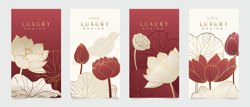 Luxury cover design template. Lotus line arts hand draw gold lotus flower and leaves. Design for packaging design, social media post, cover, banner, creative post, Gold geometric pattern design vector