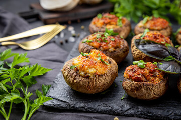  Baked stuffed mushrooms on a black slate plate close up