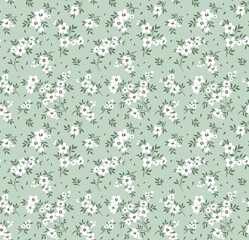 Cute floral pattern in the small flowers. Seamless vector texture. Elegant template for fashion prints. Printing with small white flowers. Light gray-green background.