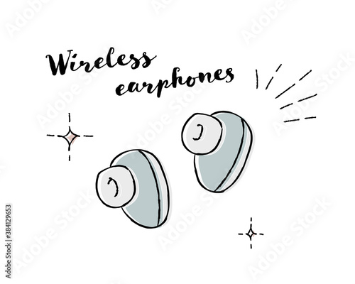ワイヤレスイヤホンの手描きイラスト おしゃれ かわいい イヤフォン Bluetooth 音楽 Adjustment Poster Adjustme Yugoro