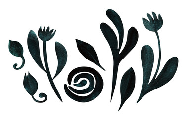 Set with autumn flowers, leaves, buds isolated on white. Boho watercolor in trendy earthy dark green colors, tones. Botanical illustration for the fabric, covers, greeting card, packaging.