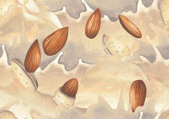 Watercolor seamless pattern of splashes of the plant based milk and almond nuts.