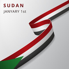 Flag of Sudan. 1st of January. Vector illustration. Wavy ribbon on gray background. Independence day. National symbol. Graphic design template.
