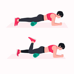 Foam Roller Workout. women exercise . Women doing fitness and yoga exercises. Lunges, Pushups, Squats, Dumbbell rows, Burpees, Side planks, Glute bridge, Leg Raise, Russian Twist .et